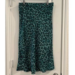 Leith Teal and Black Leopard Silk MIDI Skirt Medium